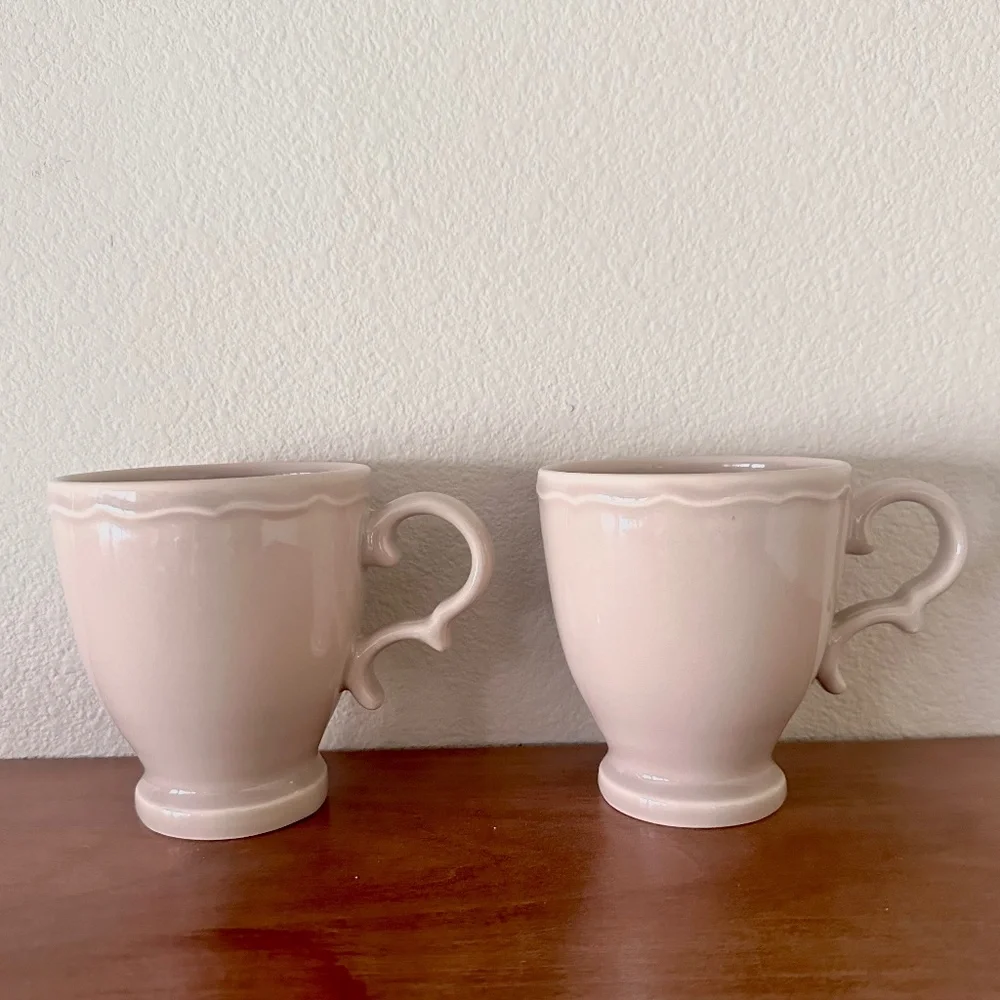 Pair of Williams Sonoma Tea - Coffee Mugs Footed, Beige Color, Ornate Handle